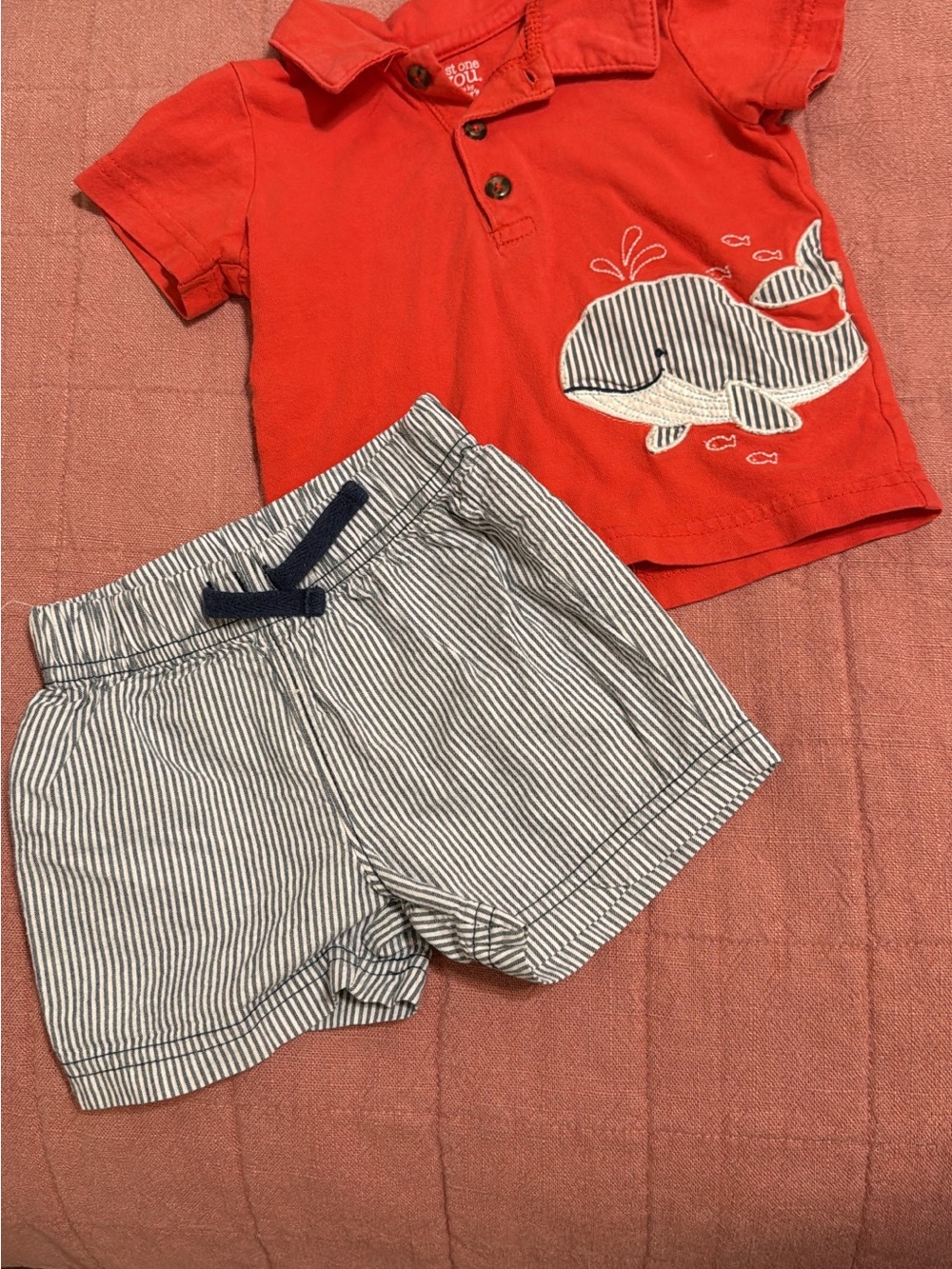 Carter’s- 6mo, Red Whale Polo & Striped Shorts Set - EUC